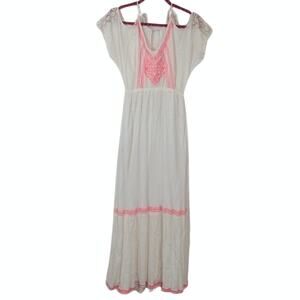 Flying Tomato Women's Boho Maxi Dress Size Small Ivory Embroidered Short Sleeve